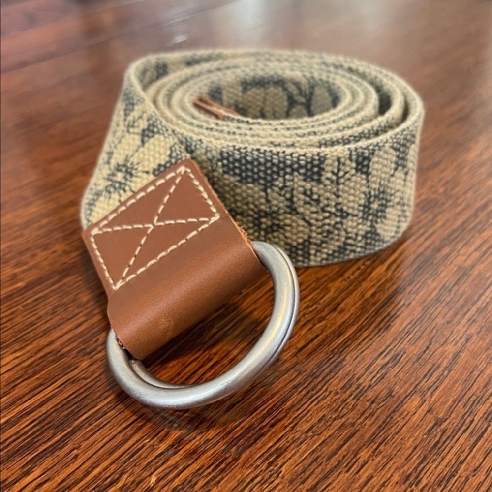 Cremieux  Belt Tan Black Floral Cotton with Brown leather trim 38 nwot